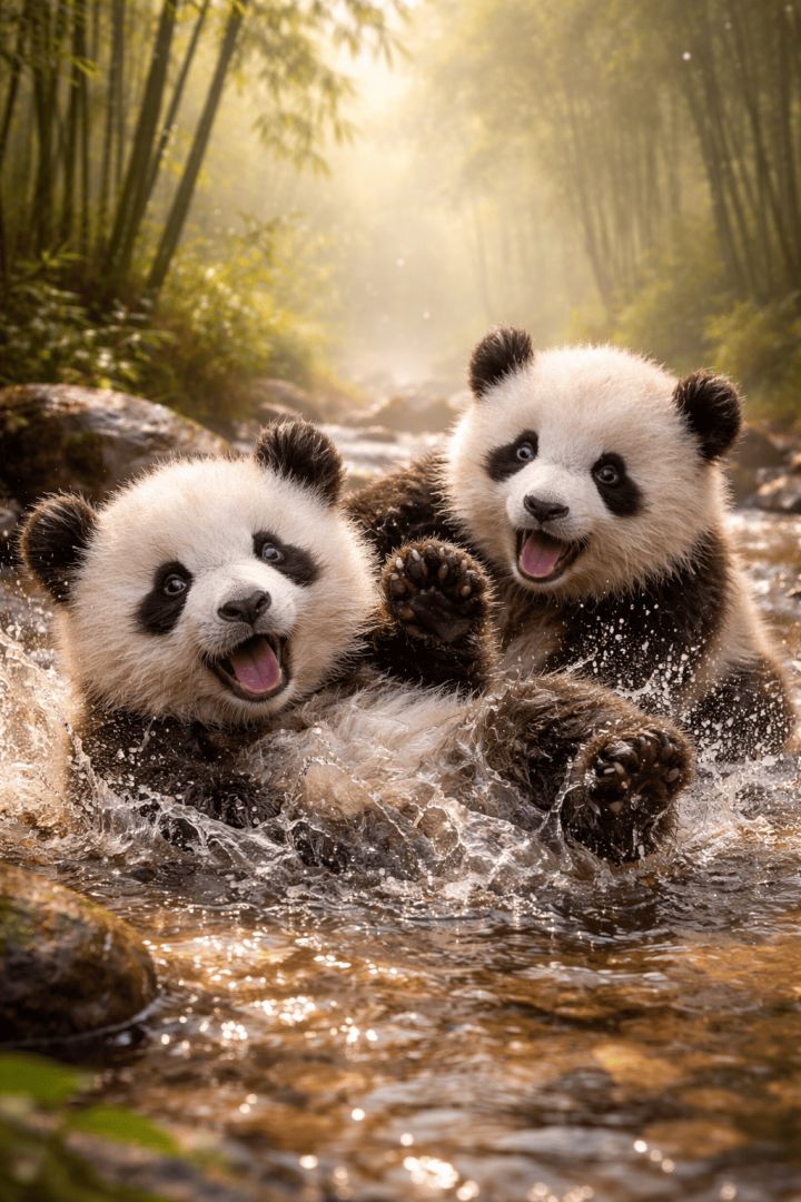 Playful pandas in morning mist wallpaper