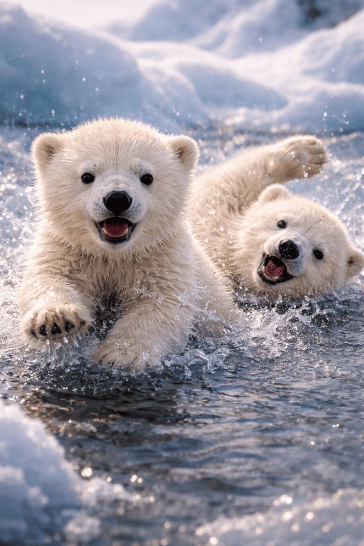 Playful polar bear cubs in water wallpaper