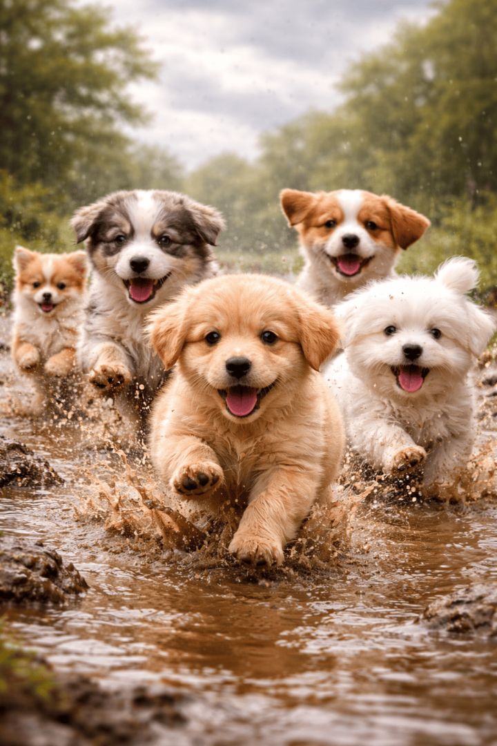 Playful puppies in a muddy puddle wallpaper