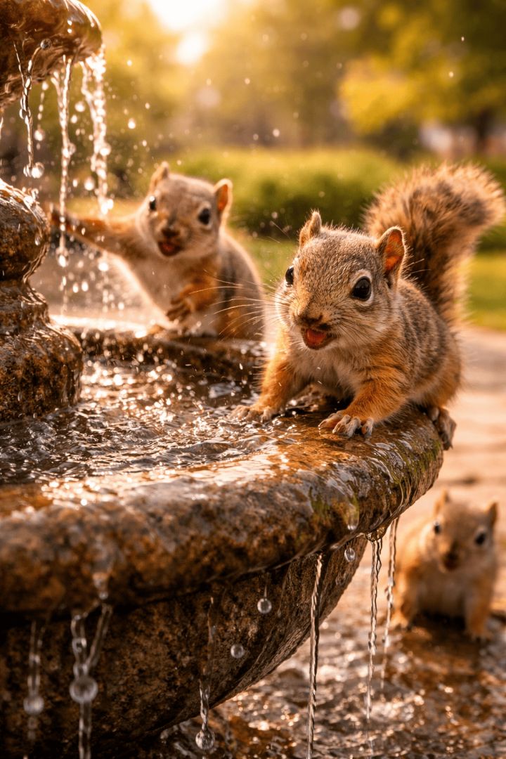 Playful squirrels by the fountain cute wallpaper