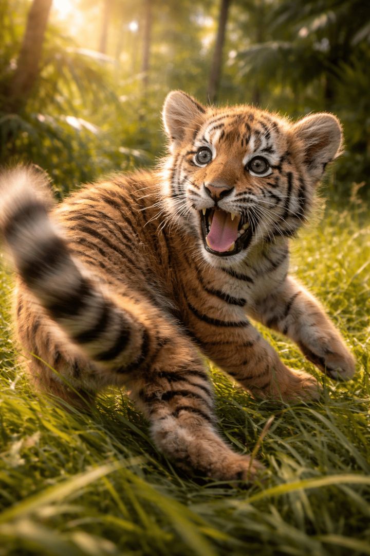 Playful tiger cub in the jungle wallpaper