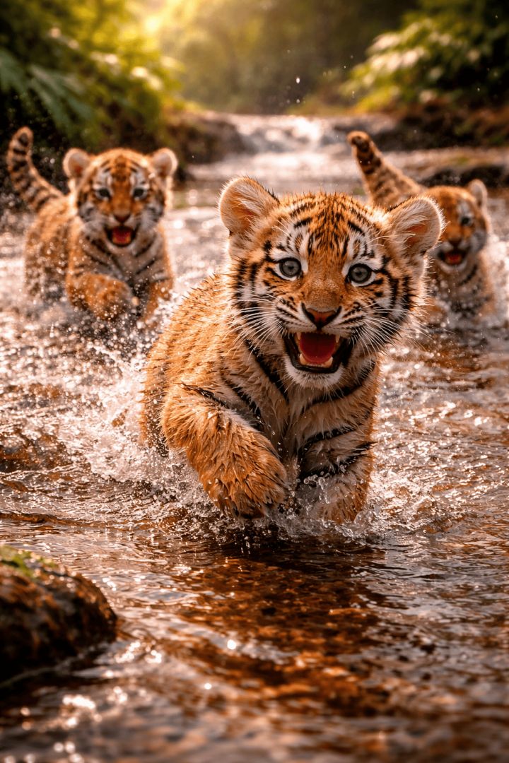 Playful tiger cubs in the stream cute wallpaper