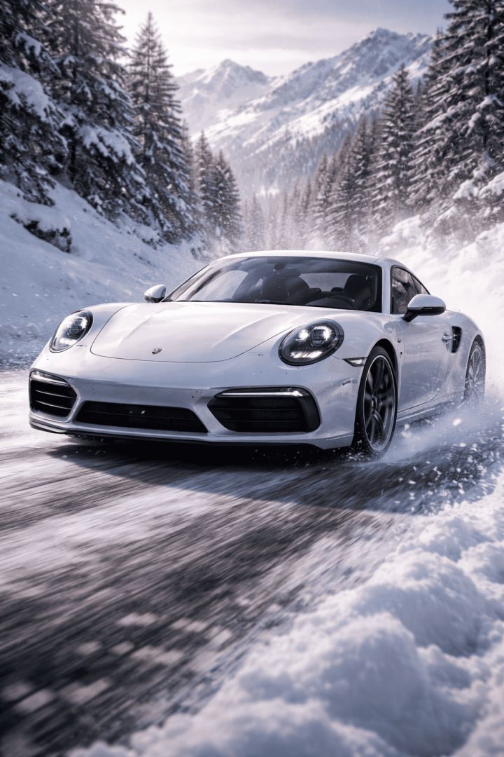 Porsche 911 speeding through snowy Alps car wallpaper