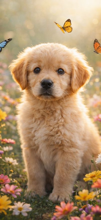 Puppy in a field of flowers wallpaper