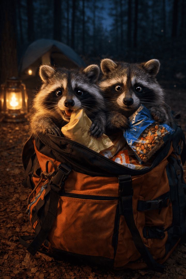 Raccoons snack raid in the forest wallpaper