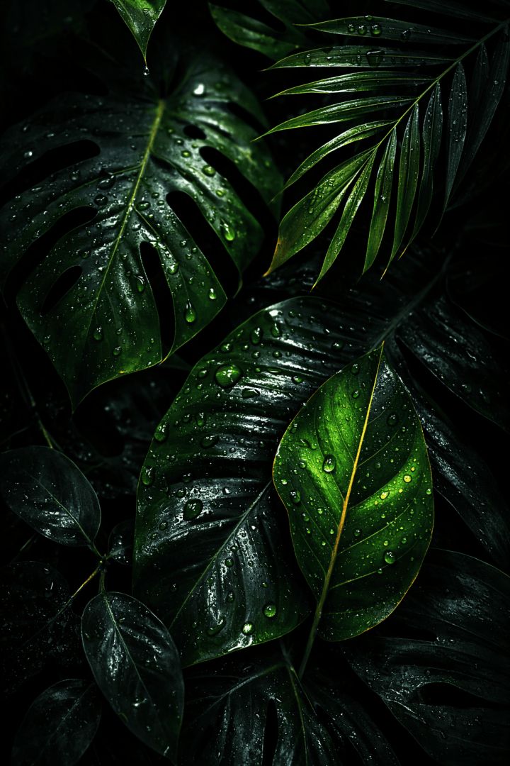 Rain-Kissed Tropical Leaves – Dark Jungle Botanical Wallpaper 4K AMOLED 🌿💧 wallpaper