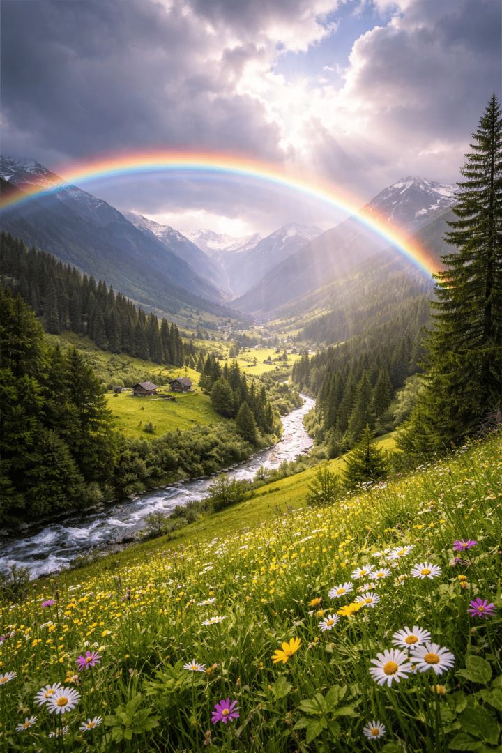 Rainbow over tranquil mountain valley wallpaper