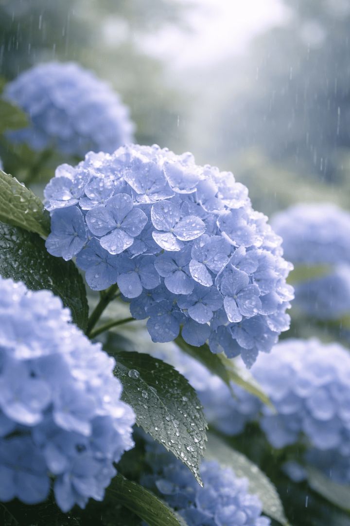 Raindrops on blue hydrangeas flowers wallpaper