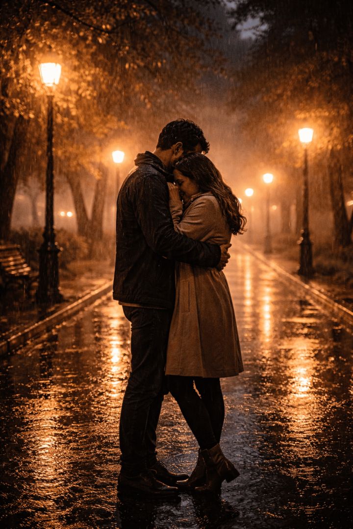 Rainy night embrace in the park rain wallpaper