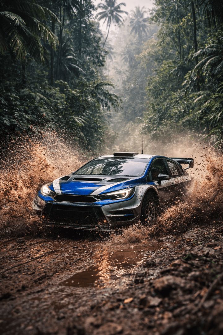 Rally car tearing through jungle mud wallpaper