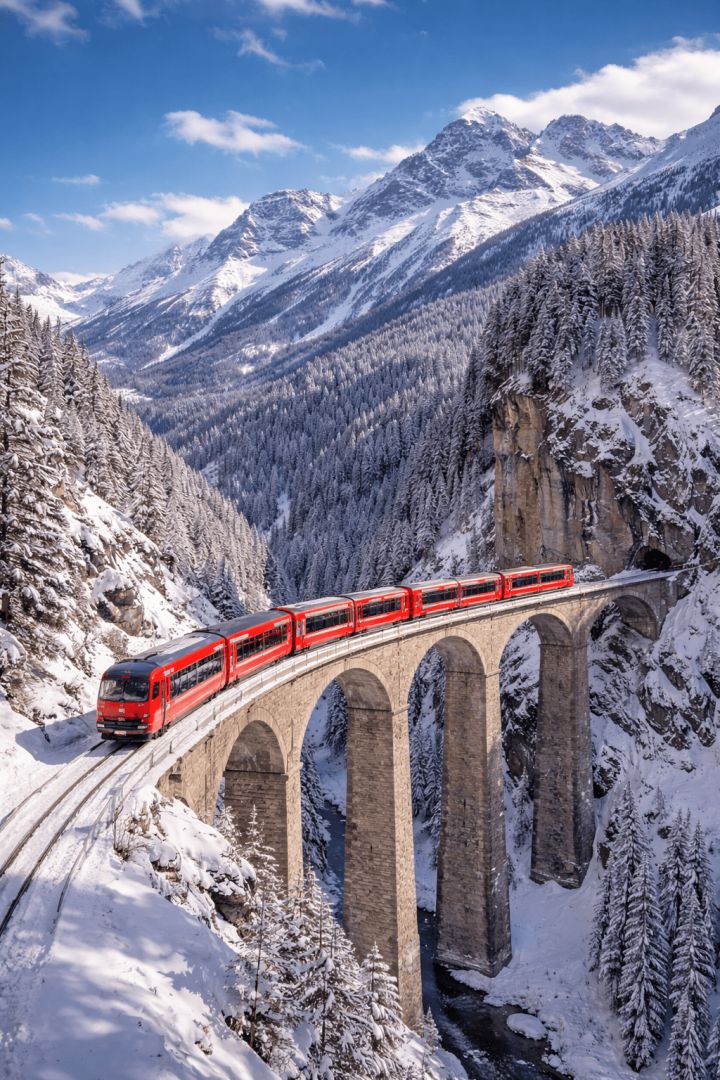 Red train crossing the Landwasser Viaduct wallpaper