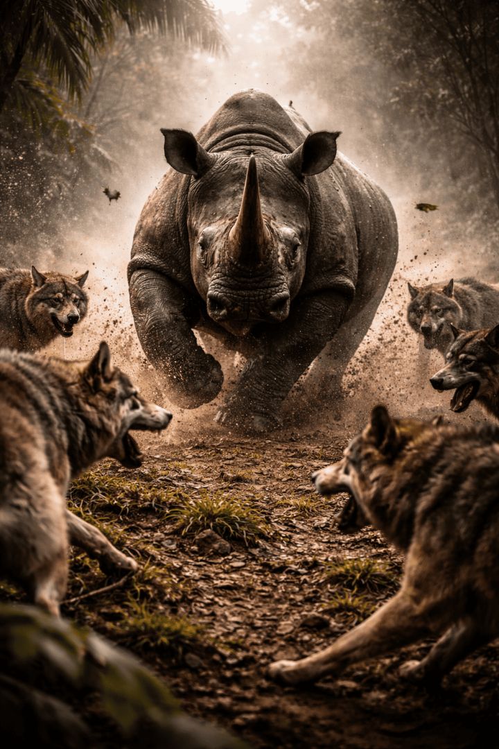 Rhino charges through snarling wolf pack wallpaper