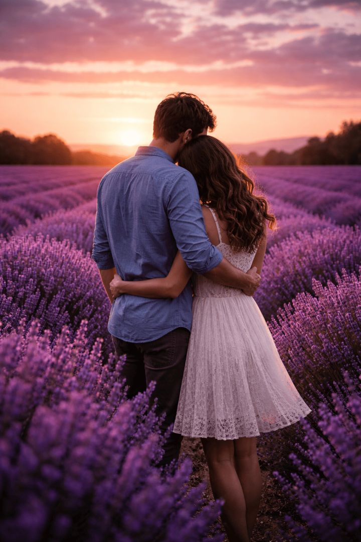 Romantic embrace in a lavender field wallpaper