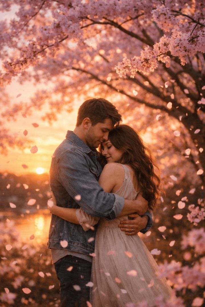 Romantic embrace under cherry blossoms wallpaper