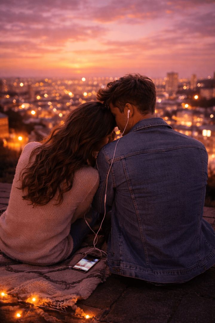 Romantic rooftop moment under city lights wallpaper