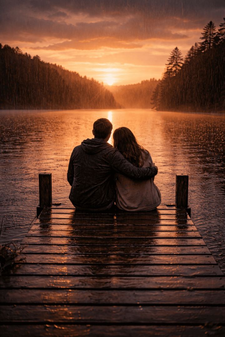 Romantic sunset by the lake rain wallpaper
