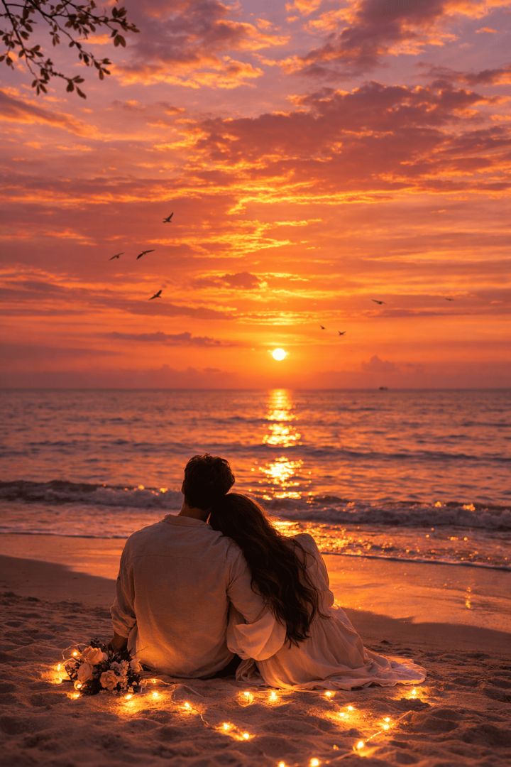 Romantic sunset by the ocean wallpaper