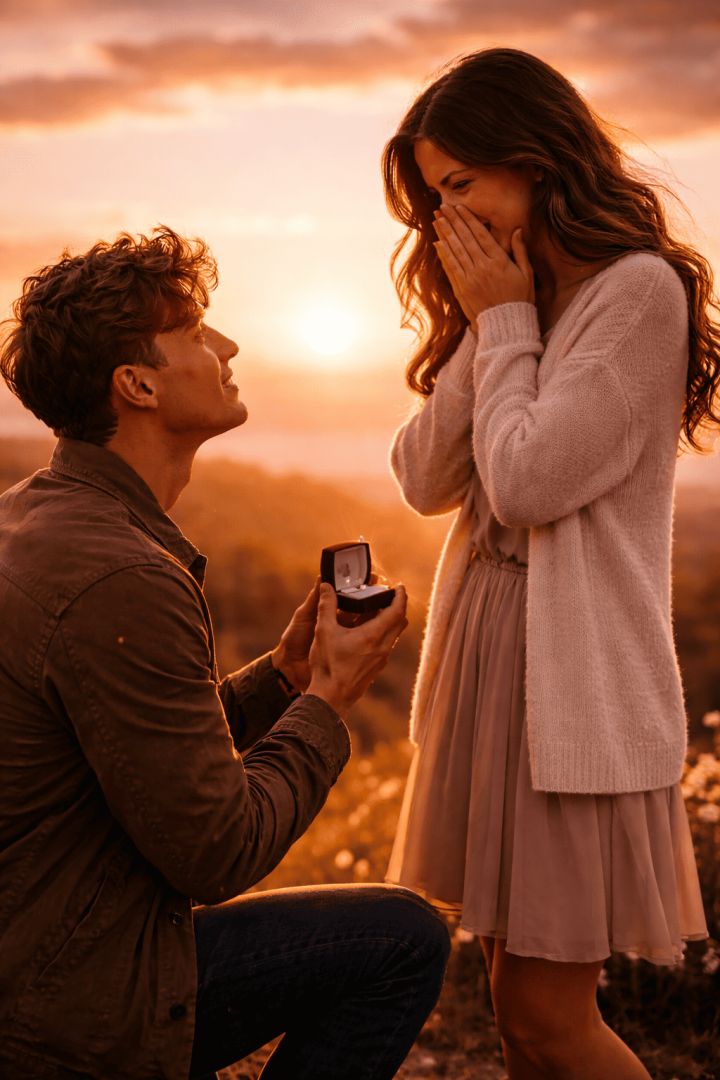 Romantic sunset proposal moment love wallpaper