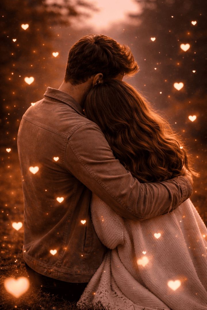 Romantic twilight embrace with glowing hearts wallpaper