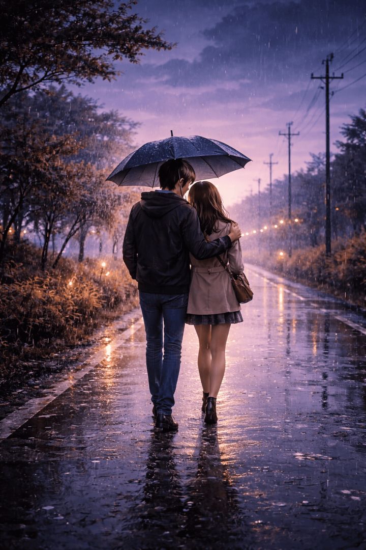 Romantic walk in the rain wallpaper