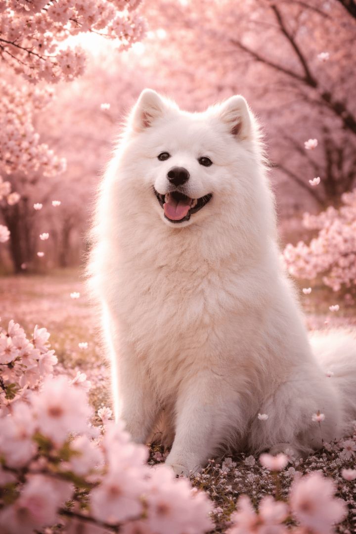 Samoyed under blooming cherry blossoms dog wallpaper