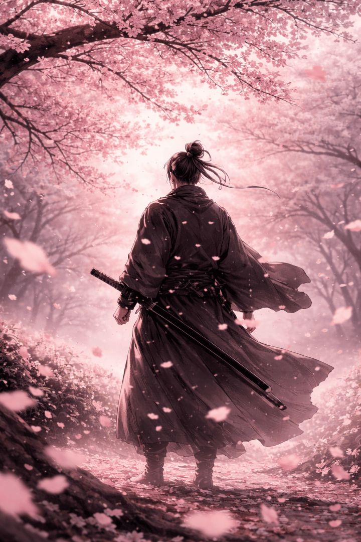 Samurai under the cherry blossoms wallpaper