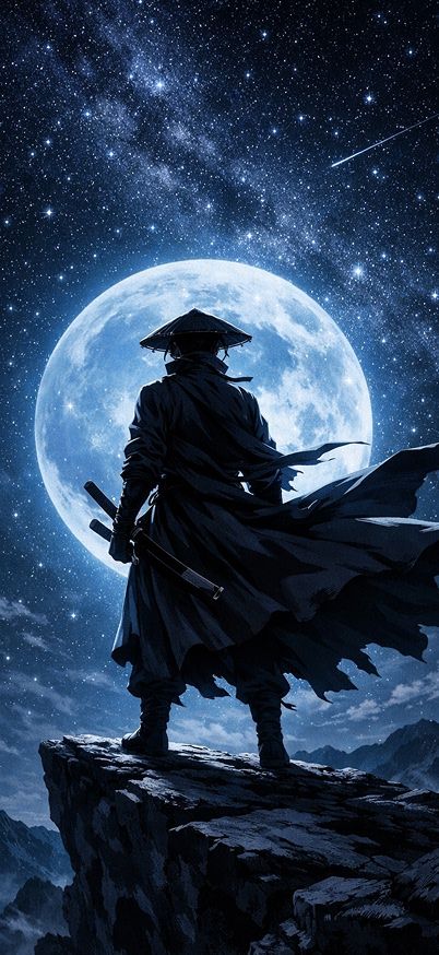 Samurai under the moonlit sky wallpaper