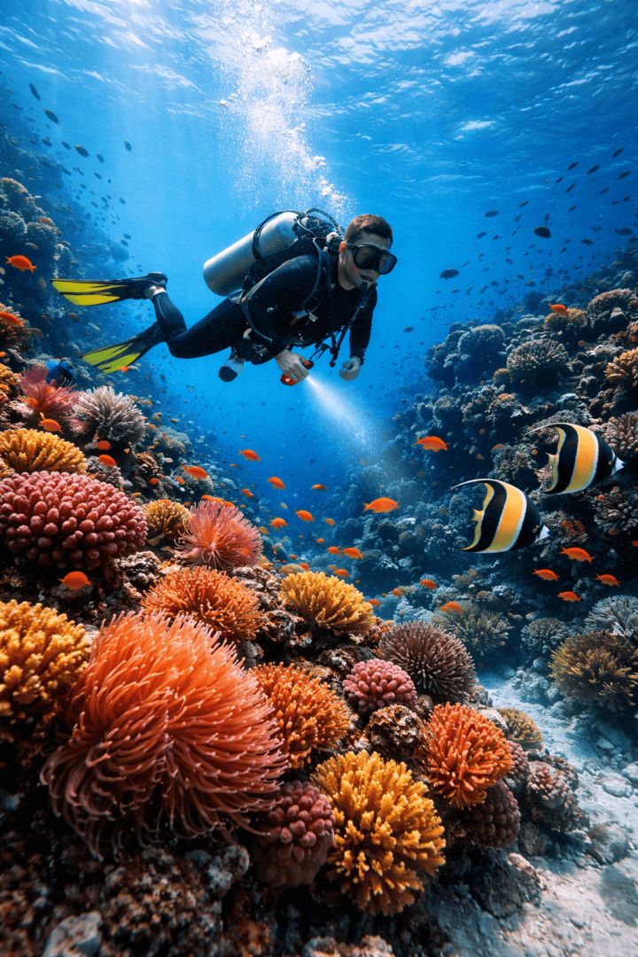 Scuba diver exploring Indonesia's vibrant coral reef wallpaper