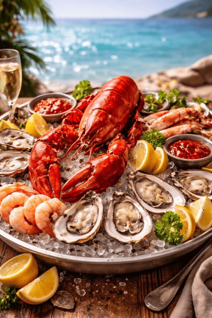 Seafood platter with lobster and oysters food wallpaper