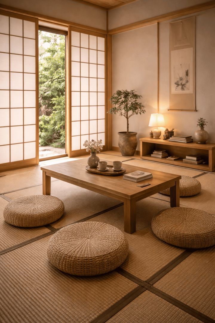 Serene Japanese tatami room with garden view calm wallpaper