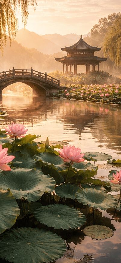 Serene lotus pond at sunrise wallpaper