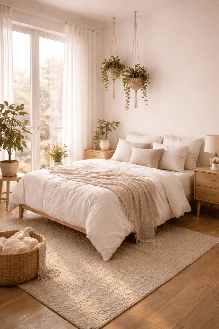 Serene minimalist bedroom with greenery calm wallpaper