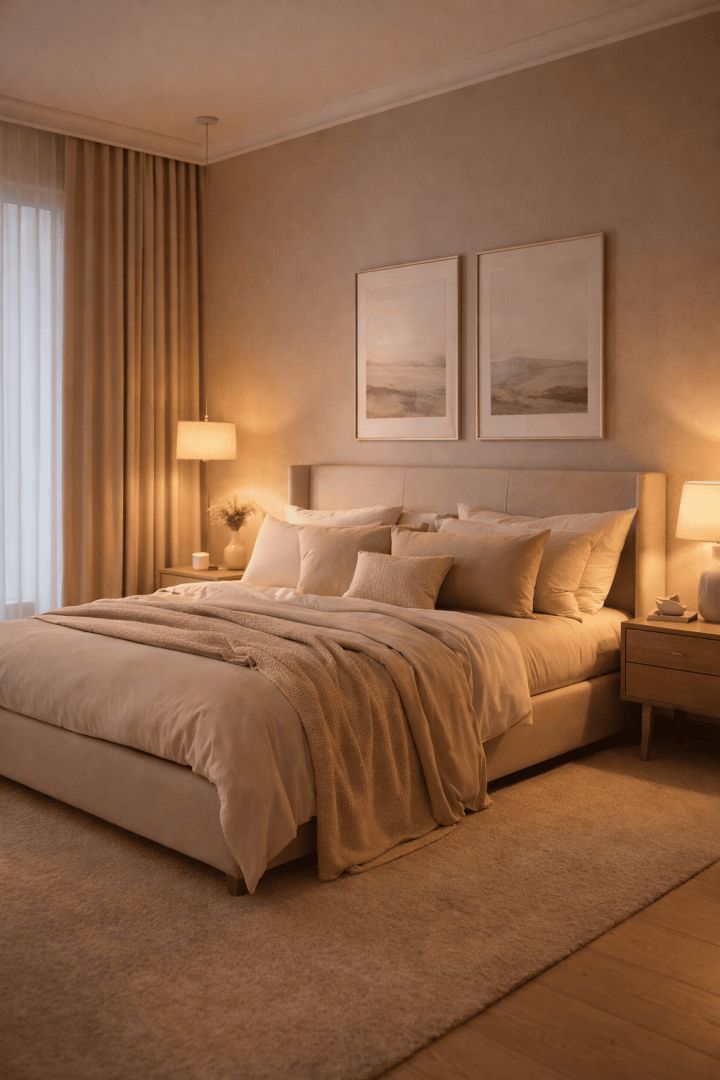 Serene modern bedroom with warm tones calm wallpaper