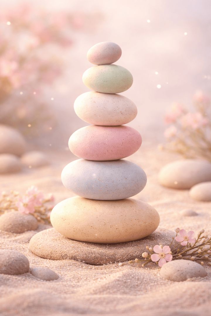 Serene pastel egg cairn on sand easter wallpaper wallpaper
