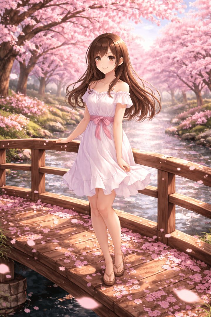 Serenity on a cherry blossom bridge wallpaper