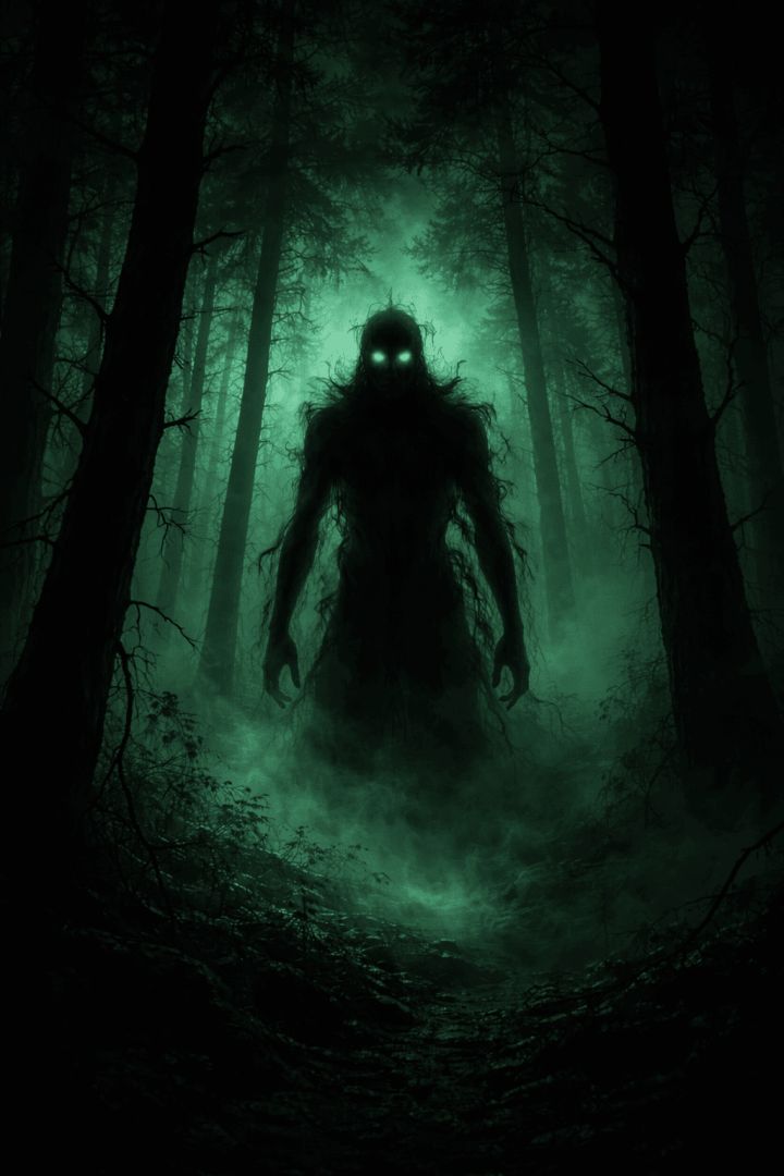 Shadowy figure in eerie forest fog horror wallpaper
