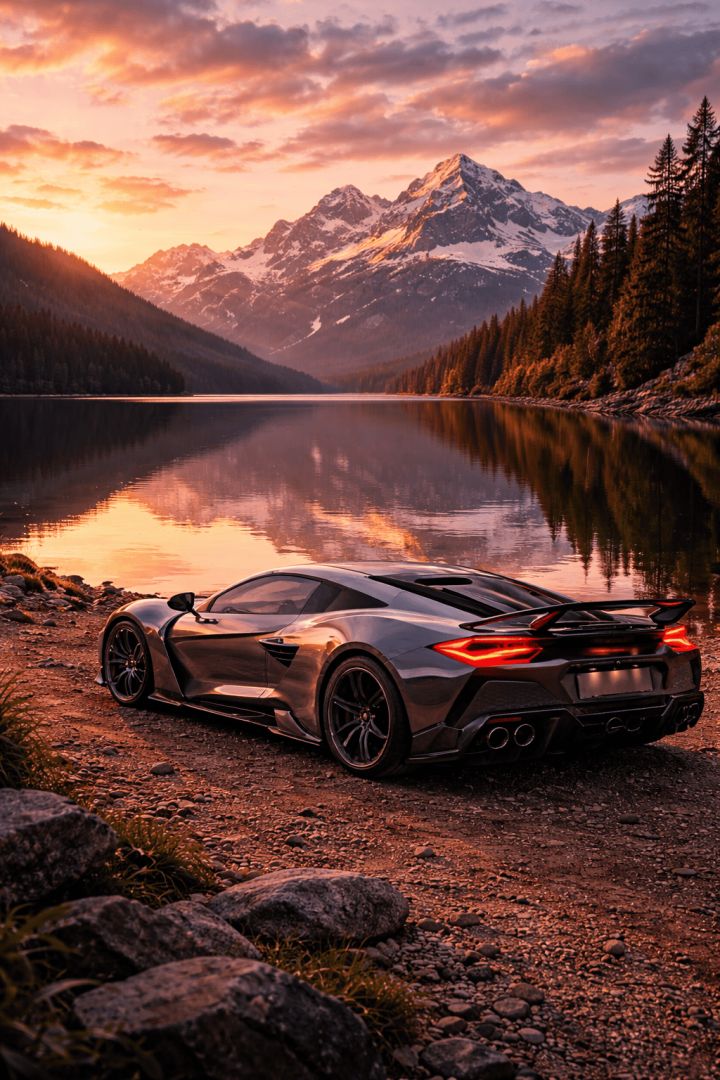 Silver supercar by alpine lake at sunrise wallpaper