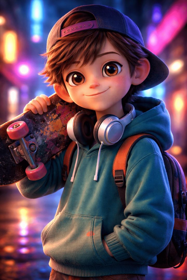 Skateboarder in neon city lights wallpaper