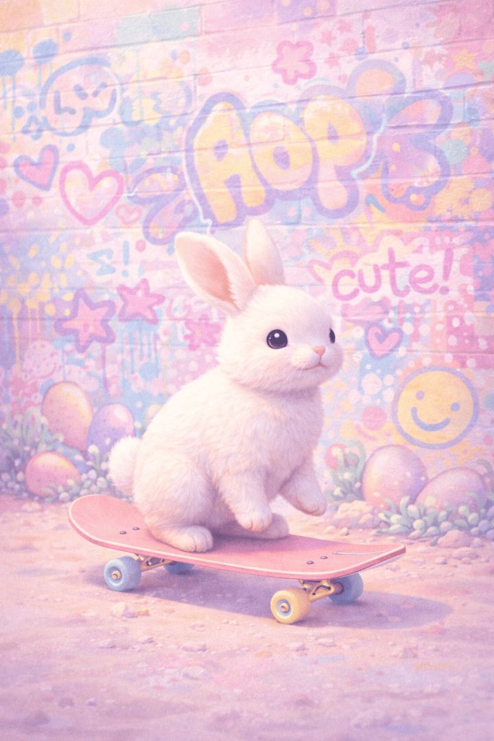 Skateboarding bunny in pastel graffiti street easter wallpaper wallpaper