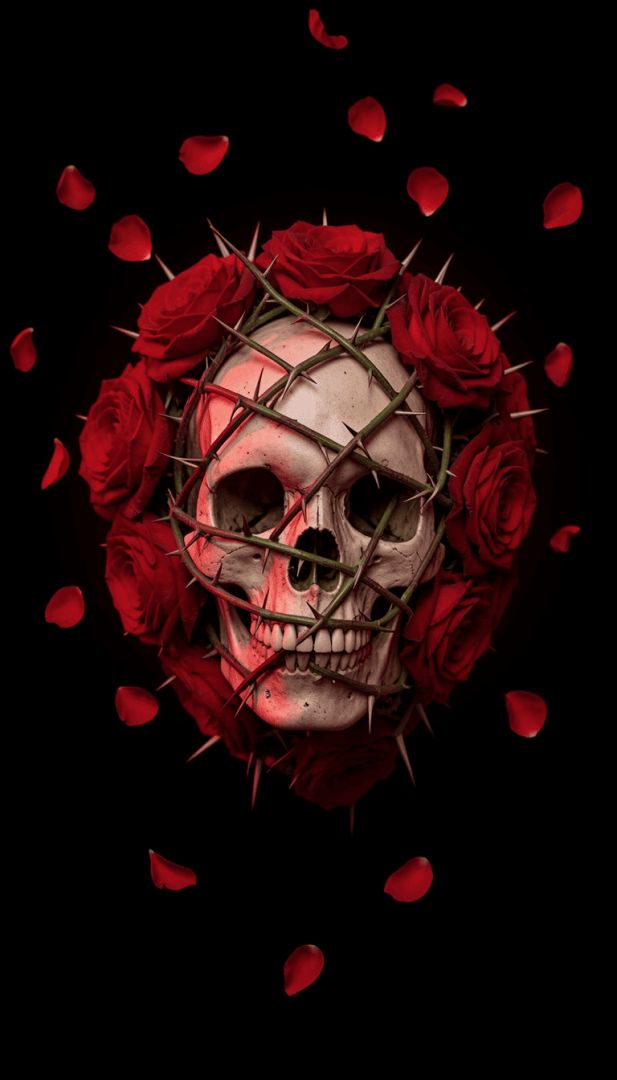 skull-wrapped-in-thorny-stems-and-deep-red-roses horror wallpaper