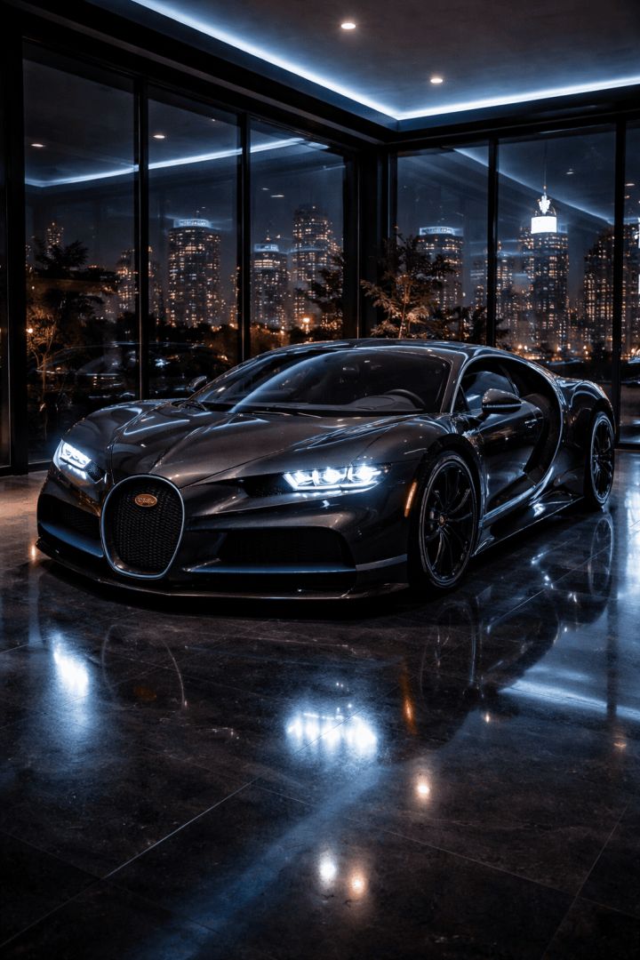 Sleek Bugatti in a stylish garage car wallpaper