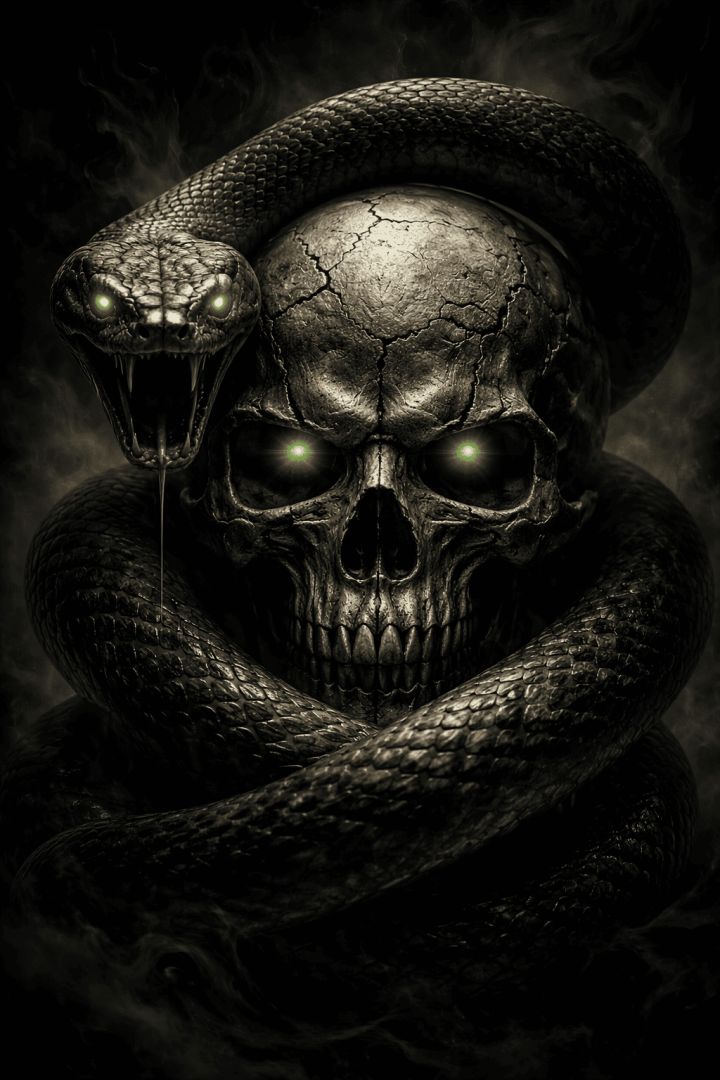 Snake and skull in eerie glow horror wallpaper
