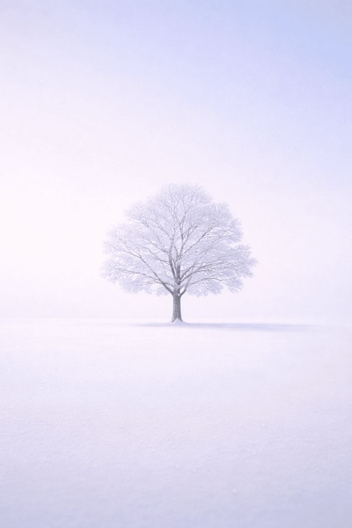 Snow-laden tree in winter solitude minimalist wallpaper