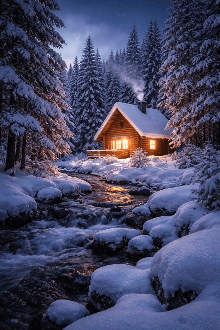 Snowy cabin by the river at night wallpaper