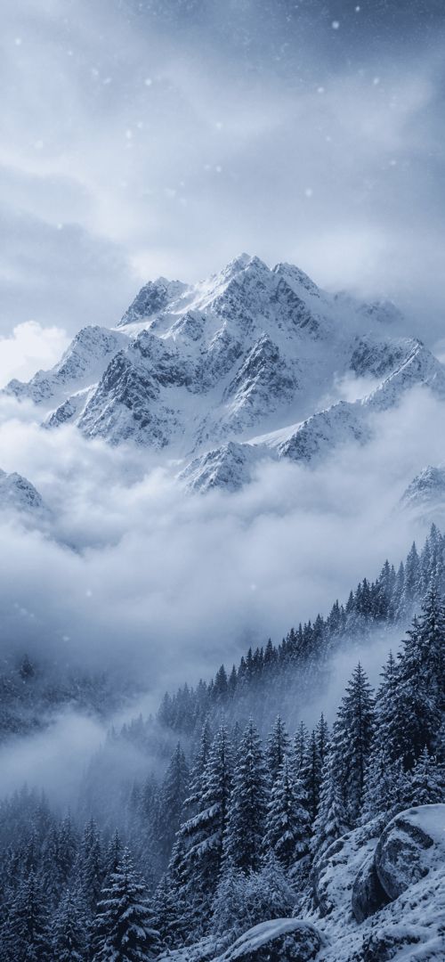 Snowy mountain peaks and forest mist nature wallpaper