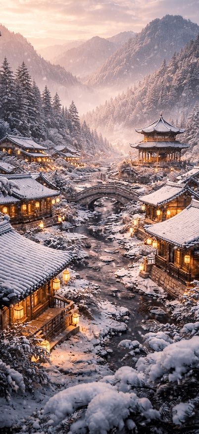 Snowy village at twilight with pagoda  iphone wallpaper