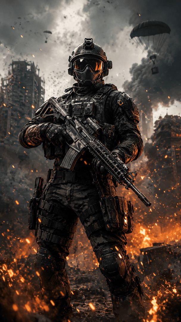 Soldier amidst the burning ruins game wallpaper