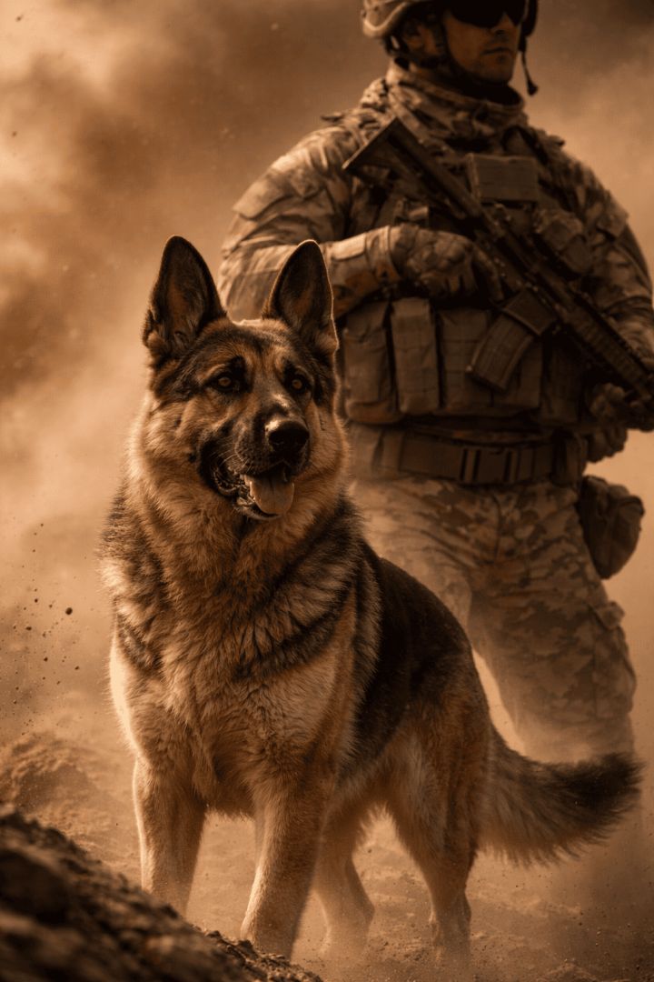 Soldier and German Shepherd in the storm dog wallpaper