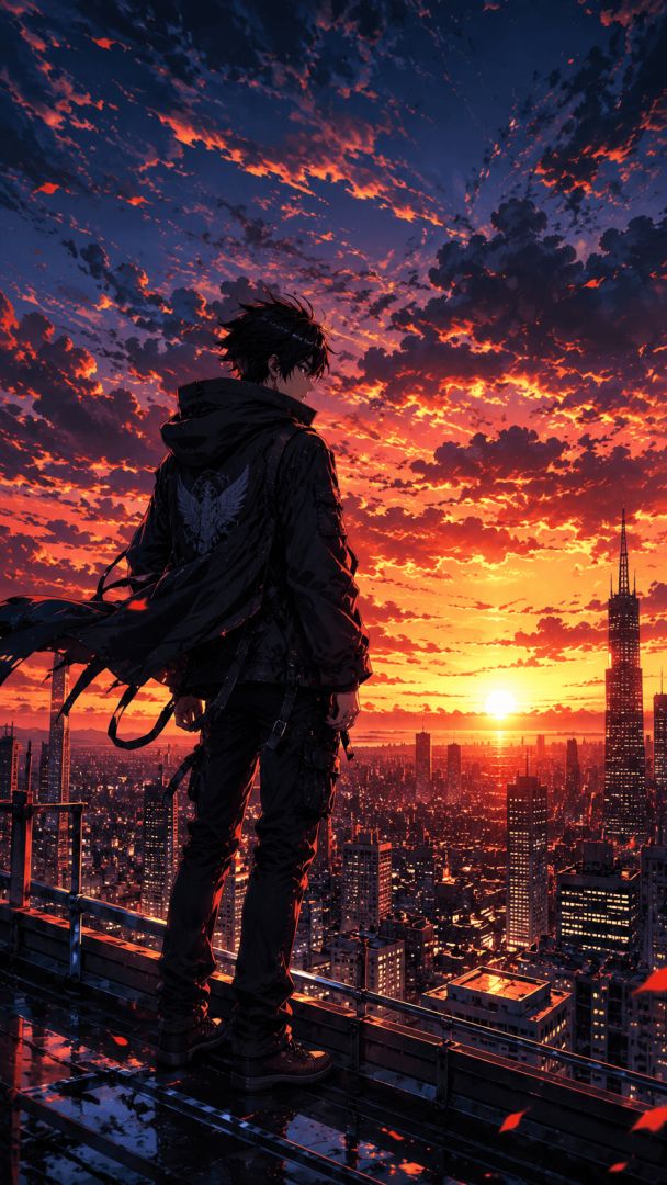 Solitary figure at sunset over city anime wallpaper
