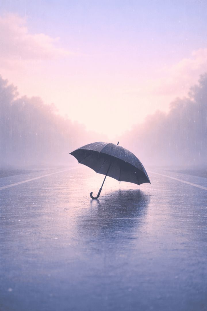 Solitary umbrella on a rainy road minimalist wallpaper